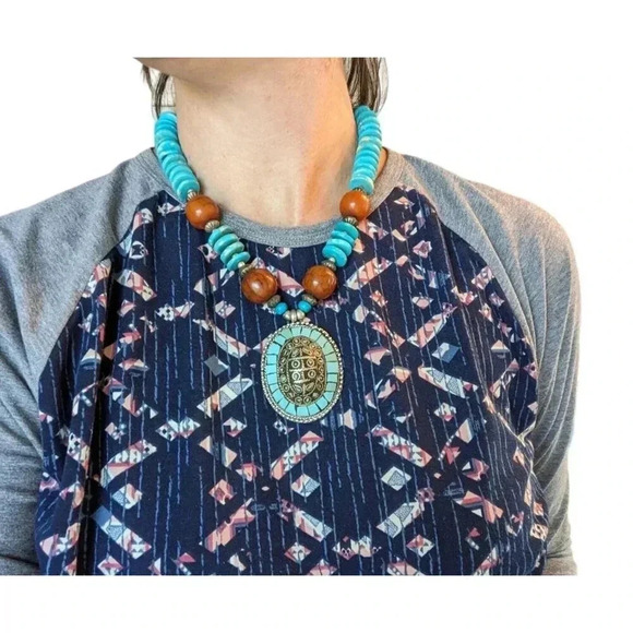 Chunky Wood Metal Bead Tirbal Pendant Necklace Princess Length - Picture 2 of 7